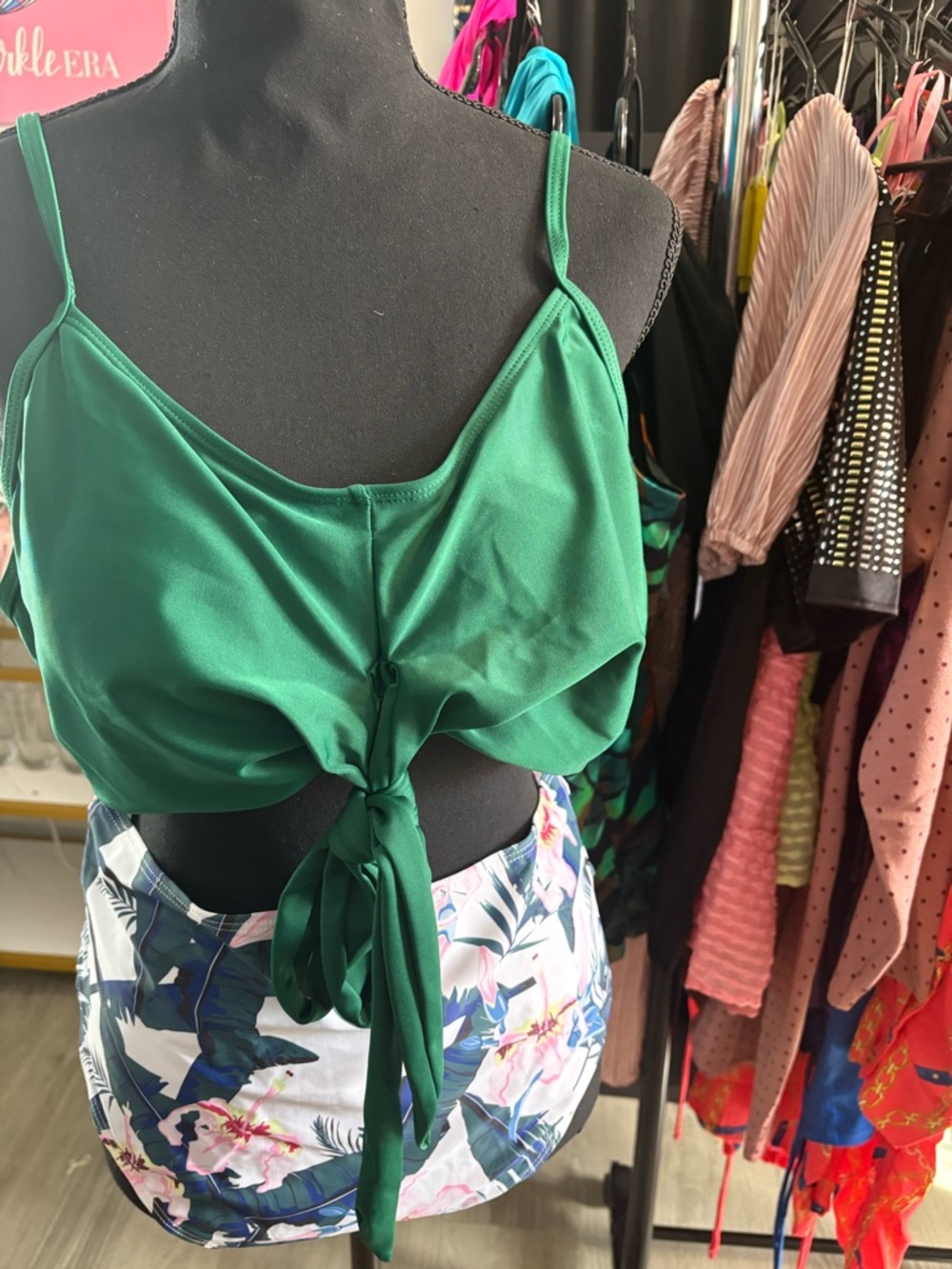 Green and floral 2 piece bathing suits